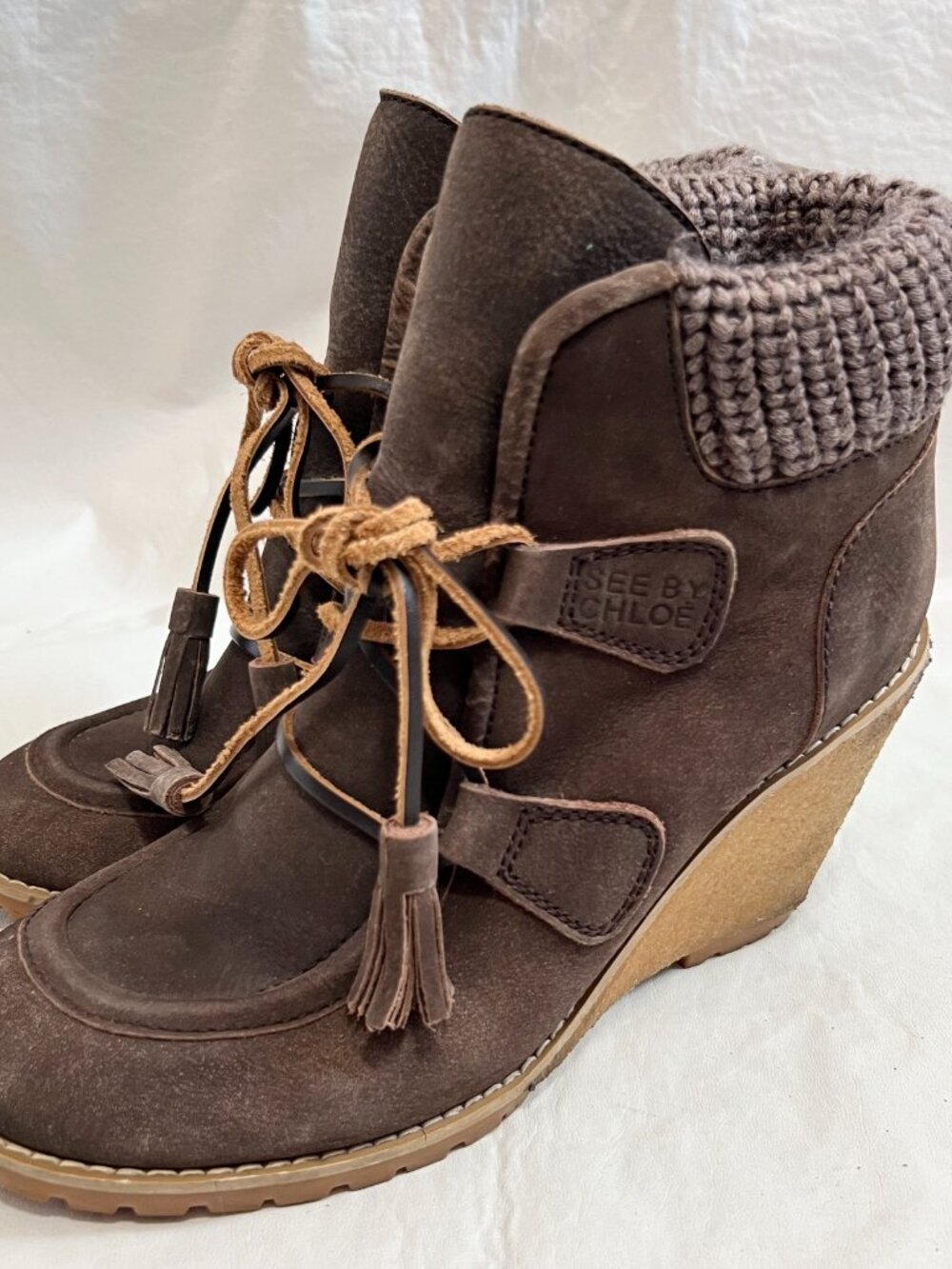 See by Chloé boots Wallabee wedge brown suede 40 9.5 high heel lace up knit cuff - Picture 3 of 15